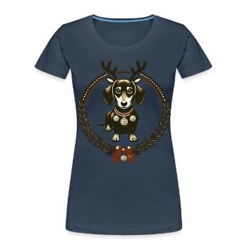 Teckel avec des bois dans une couronne festive - T-shirt bio Premium Femme - bleu marine - Devant - Mia (176cm)