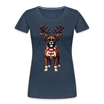 Weihnachtlicher Boxer Hund Mit Rentiergeweih - Frauen Premium Bio T-Shirt - Navy - Vorne - Mia (176cm)