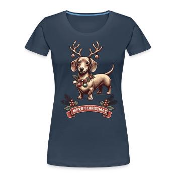 Joyeux Noël Teckel Motif Renne - T-shirt bio Premium Femme - bleu marine - Devant - Mia (176cm)
