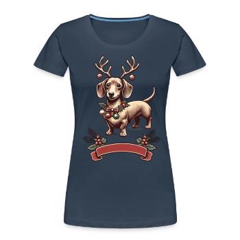 Weihnachtlicher Dackel Mit Geweih - Frauen Premium Bio T-Shirt - Navy - Vorne - Mia (176cm)