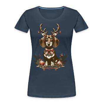 Weihnachtlicher Dackel Mit Geweih Und Schleife - Frauen Premium Bio T-Shirt - Navy - Vorne - Mia (176cm)