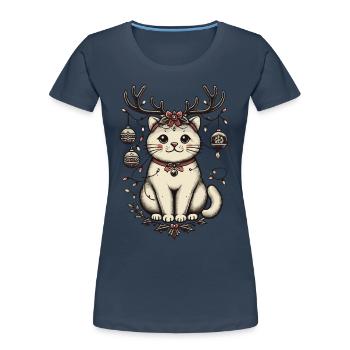 Weihnachtliche Katze Mit Geweih Und Kugeln - Frauen Premium Bio T-Shirt - Navy - Vorne - Mia (176cm)