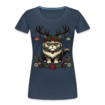 Weihnachtliche Katze Mit Geweih - Frauen Premium Bio T-Shirt - Navy - Vorne - Mia (176cm)