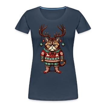 Grumpy Christmas cat with antlers - Women's Premium Organic T-Shirt - navy - Front - Mia (176cm)