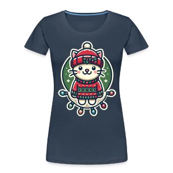 Chat de Noël avec chapeau et guirlandes lumineuses - T-shirt bio Premium Femme - bleu marine - Devant - Mia (176cm)