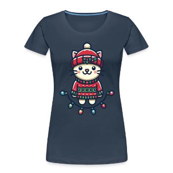Cute Christmas cat with fairy lights - Women's Premium Organic T-Shirt - navy - Front - Mia (176cm)