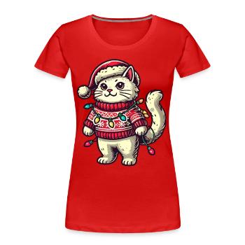 Chat de Noël en pull avec des guirlandes lumineuses - T-shirt bio Premium Femme - bleu marine - Devant - Mia (176cm)