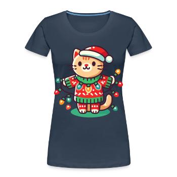 Christmas cat with fairy lights - Women's Premium Organic T-Shirt - navy - Front - Mia (176cm)