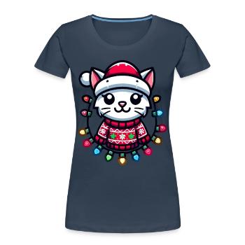 Christmas cat with fairy lights - Women's Premium Organic T-Shirt - navy - Front - Mia (176cm)