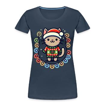 Christmas cat with fairy lights - Women's Premium Organic T-Shirt - navy - Front - Mia (176cm)