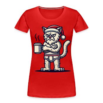 Funny grumpy Christmas cat with coffee - Women's Premium Organic T-Shirt - navy - Front - Mia (176cm)
