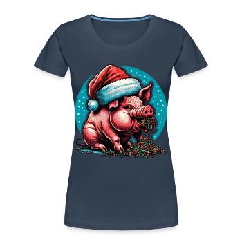 Noël Gourmand Cochon Gourmand - T-shirt bio Premium Femme - bleu marine - Devant - Mia (176cm)
