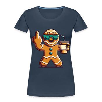 Bonhomme en pain d’épice de Noël avec doigt d’honneur - T-shirt bio Premium Femme - bleu marine - Devant - Mia (176cm)