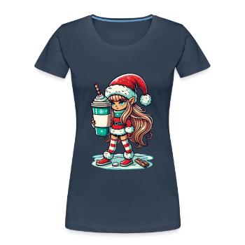 Nain de Noël au café - T-shirt bio Premium Femme - bleu marine - Devant - Mia (176cm)