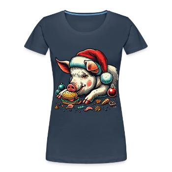 Christmas Eaten Pig with Burger - Women's Premium Organic T-Shirt - navy - Front - Mia (176cm)