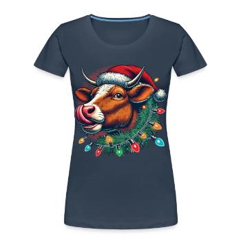 Weihnachten Lustige Kuh Mit Lichterkette - Frauen Premium Bio T-Shirt - Navy - Vorne - Mia (176cm)