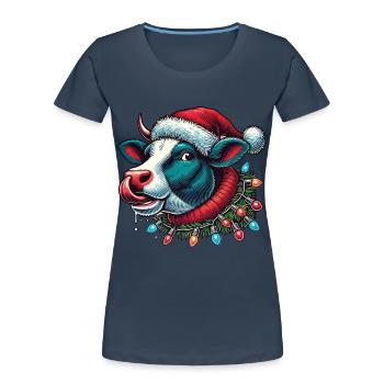 Weihnachten Lustige Kuh Mit Lichterkette - Frauen Premium Bio T-Shirt - Navy - Vorne - Mia (176cm)