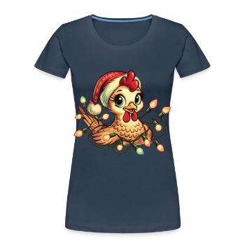 Poulet Joyeux Noël avec guirlandes lumineuses - T-shirt bio Premium Femme - bleu marine - Devant - Mia (176cm)