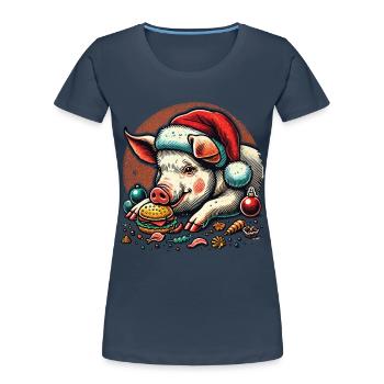 Greedy Christmas piglet in festive style - Women's Premium Organic T-Shirt - navy - Front - Mia (176cm)