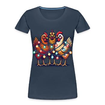 Poulets drôles de Noël avec des guirlandes lumineuses - T-shirt bio Premium Femme - bleu marine - Devant - Mia (176cm)
