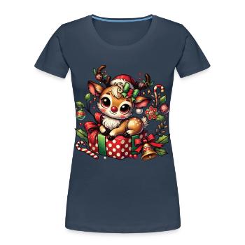 Christmas Reindeer On Gift - Women's Premium Organic T-Shirt - navy - Front - Mia (176cm)