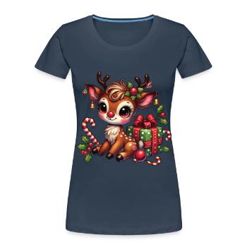 Christmas reindeer with gift - Women's Premium Organic T-Shirt - navy - Front - Mia (176cm)