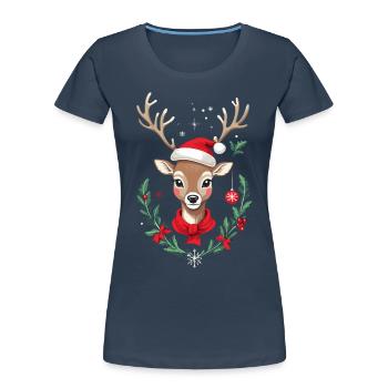 Renne avec chapeau de Père Noël - T-shirt bio Premium Femme - bleu marine - Devant - Mia (176cm)