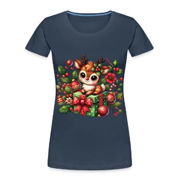 Mignon renne de Noël avec cadeau - T-shirt bio Premium Femme - bleu marine - Devant - Mia (176cm)