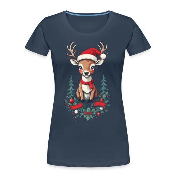 Renne avec chapeau et couronne de Noël - T-shirt bio Premium Femme - bleu marine - Devant - Mia (176cm)