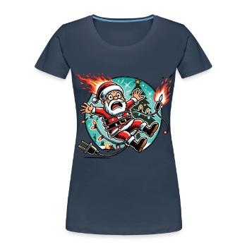 Surprise d’électrocution du Père Noël - T-shirt bio Premium Femme - bleu marine - Devant - Mia (176cm)
