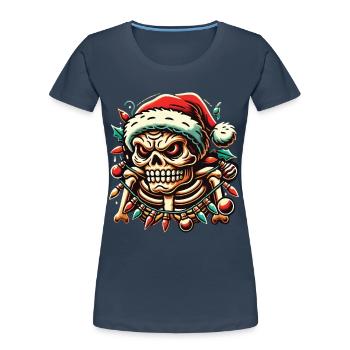Weihnachtlicher Totenkopf Mit Lichterkette - Frauen Premium Bio T-Shirt - Navy - Vorne - Mia (176cm)