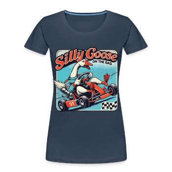Silly Goose sur l’accélérateur dans un kart - T-shirt bio Premium Femme - bleu marine - Devant - Mia (176cm)
