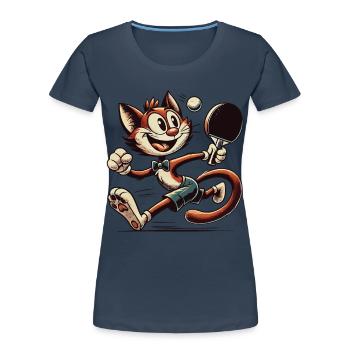 Drôle Chat de dessin animé rétro jouant au tennis de table - T-shirt bio Premium Femme - bleu marine - Devant - Mia (176cm)
