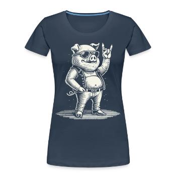 Lustiges Rock Musik Schwein Retro Stil - Frauen Premium Bio T-Shirt - Navy - Vorne - Mia (176cm)
