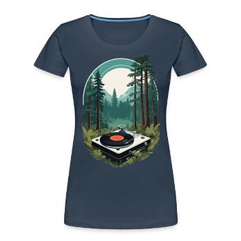 Musik Streetwear Outfit Natur Vinyl Plattenspieler - Frauen Premium Bio T-Shirt - Navy - Vorne - Mia (176cm)
