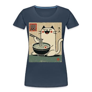 Kawaii Cat Ramen Nouilles Streetwear Ukiyo-E - T-shirt bio Premium Femme - bleu marine - Devant - Mia (176cm)