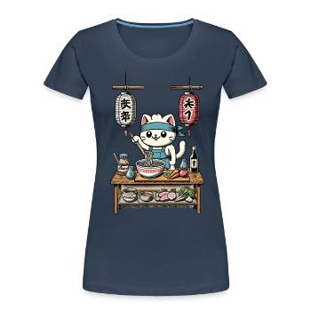 Chats, Ramen, Chef, Ukiyo-E, Kawaii, Rétro, Japon - T-shirt bio Premium Femme - bleu marine - Devant - Mia (176cm)