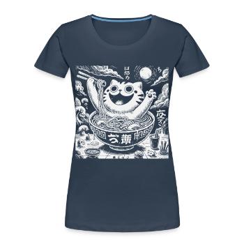 Chat kawaii avec nouilles ramen Nuit japonaise - T-shirt bio Premium Femme - bleu marine - Devant - Mia (176cm)