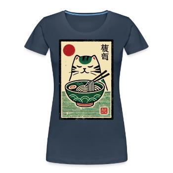 Chat rétro kawaii avec nouilles ramen Japon ukiyo-e - T-shirt bio Premium Femme - bleu marine - Devant - Mia (176cm)
