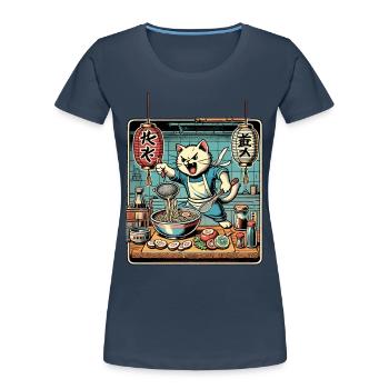 Ramen Noodles Cat Kawaii Retro Ukiyo-E - Women's Premium Organic T-Shirt - navy - Front - Mia (176cm)