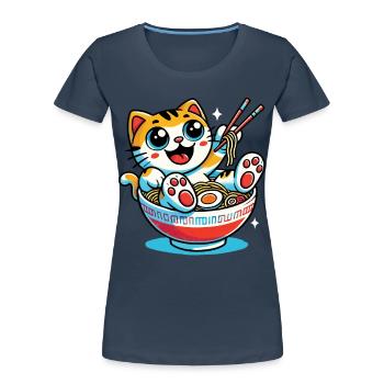 Chat kawaii avec bol de nouilles ramen style anime - T-shirt bio Premium Femme - bleu marine - Devant - Mia (176cm)