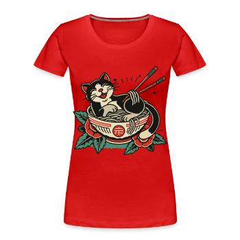 Nouilles Ramen Kawaii Chat Heureux - T-shirt bio Premium Femme - bleu marine - Devant - Mia (176cm)