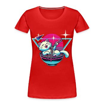 Chat kawaii avec nouilles ramen Japon style synthwave - T-shirt bio Premium Femme - bleu marine - Devant - Mia (176cm)