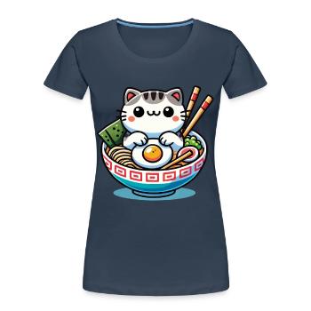 Chat Kawaii en Ramen Bowl Streetwear - T-shirt bio Premium Femme - bleu marine - Devant - Mia (176cm)