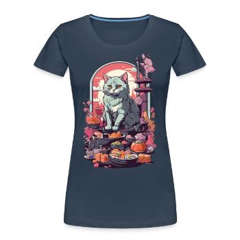 Retro Katze Sushi Sashimi Ukiyo-E Kunststil - Frauen Premium Bio T-Shirt - Navy - Vorne - Mia (176cm)