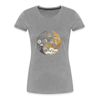 Golden, Floral Mushroom Ying Yang Design - Women's Premium Organic T-Shirt - navy - Front - Mia (176cm)
