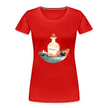Flacon de parfum « Unique » dans un paysage magnifique - T-shirt bio Premium Femme - bleu marine - Devant - Mia (176cm)