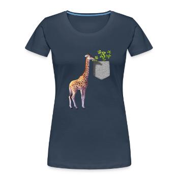 Giraffe Reaching For Branch With Leaves In Pocket - Women's Premium Organic T-Shirt - navy - Front - Mia (176cm)