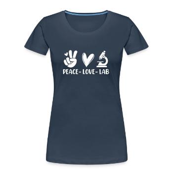 Peace Love Lab Drôle MLS Scientifique de laboratoire médical - T-shirt bio Premium Femme - bleu marine - Devant - Mia (176cm)
