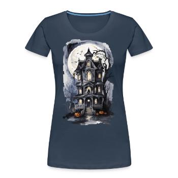 Witch House Full Moon Bat Spell Pumpkin Art - Women's Premium Organic T-Shirt - navy - Front - Mia (176cm)